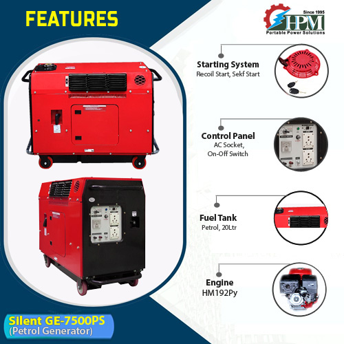 7 KVA Generator, Model Silent GE-7500PS, Petrol Run, Recoil & Self Start